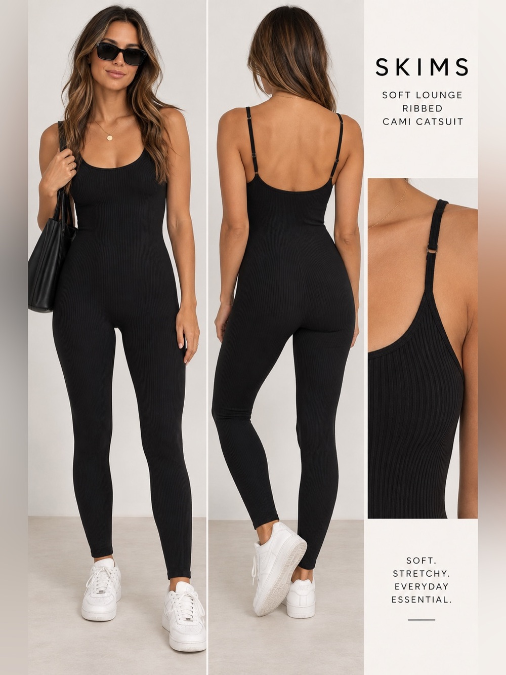 SKIMS Soft Lounge Ribbed Cami Catsuit Black Size M